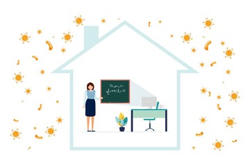 The concept of self-isolation. The teacher works from home during Covid-19. Everyone stays at home. Self-isolation from a pandemic. Remote work from home during quarantine. Vector flat illustration.