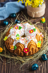 Easter cake. Kulich cake on a rustic background. Cake for celebration. Easter concept