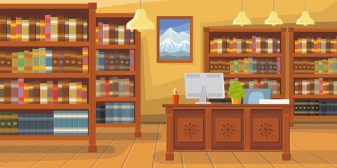 Modern library with bookshelf illustration. Librarians desk with desktop computer. Interior illustration