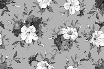Monochrome seamless floral pattern with white and black petunia and leaves on gray background. Hand drawn. For design, textile, print, wallpapers, wrapping paper. Vector stock illustration. - obrazy, fototapety, plakaty