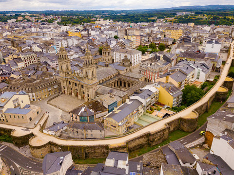 Aerial panoramic view of Lugo galician city with buildings