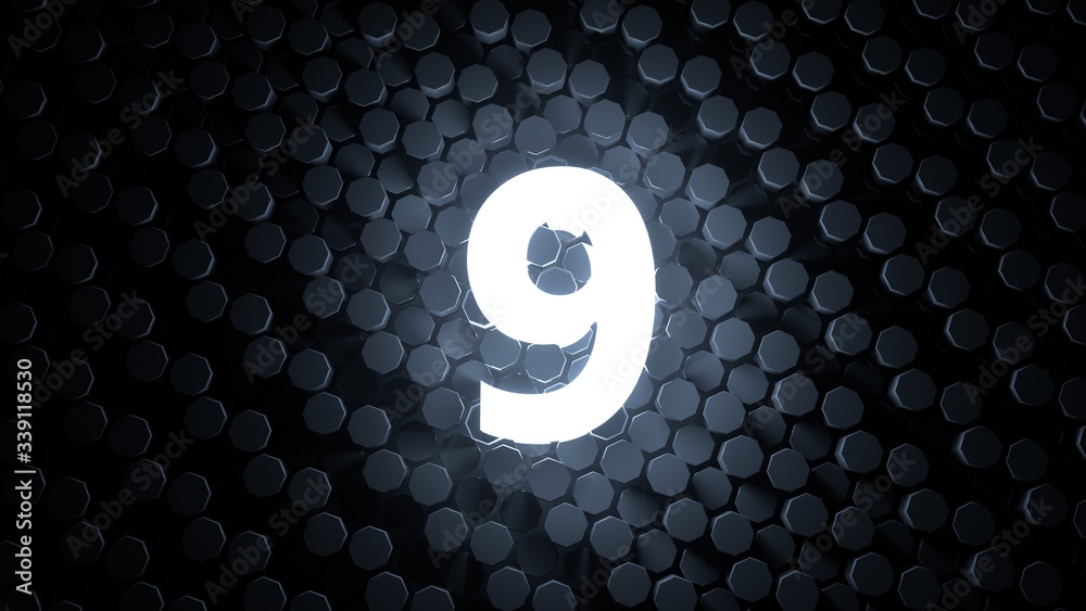 Fototapete stylish white number nine on black futuristic hexagonal background / numbering / separating film / c