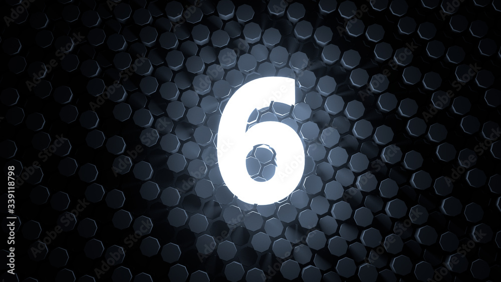 Fototapete stylish white number six on black futuristic hexagonal background / numbering / separating film / co