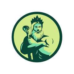 Retro style illustration of a  bearded male with red eyes wearing a crown holding a cobra staff and folded arms viewed from front set inside circle on isolated background.