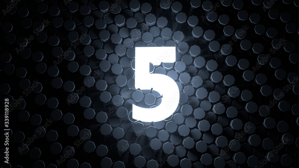 Fototapete stylish white number five on black futuristic hexagonal background / numbering / separating film / c