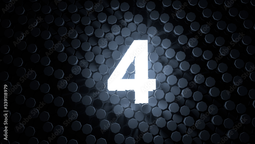 Fototapete stylish white number four on black futuristic hexagonal background / numbering / separating film / c