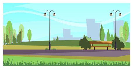 Summer city park with street lights. Beautiful recreation park with green plants. Stroll concept. Illustration can be used for topics like leisure, nature, environment - obrazy, fototapety, plakaty