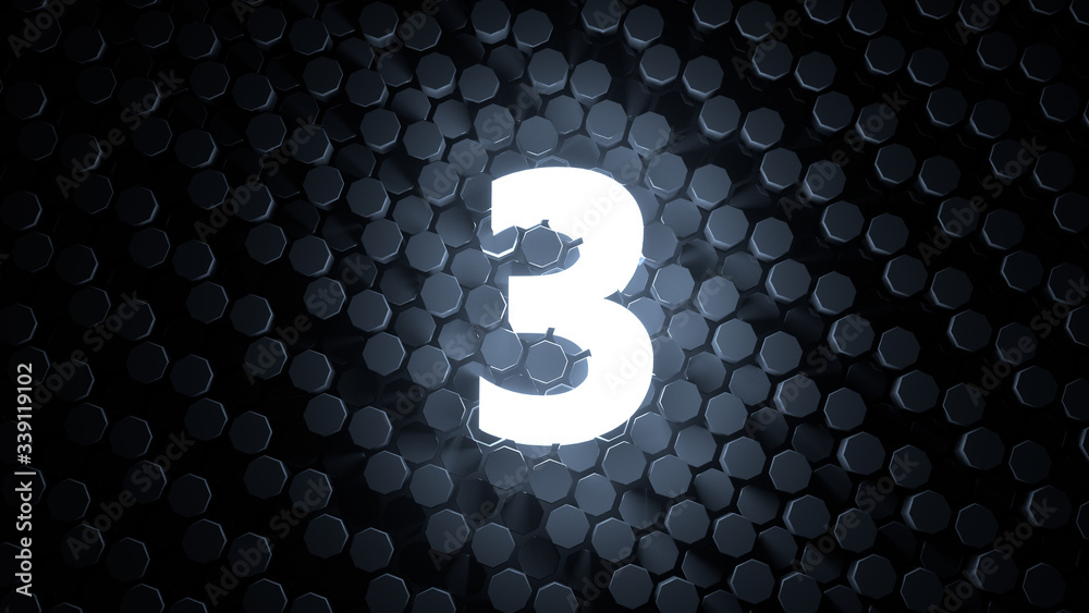 Fototapete stylish white number three on black futuristic hexagonal background / numbering / separating film / 