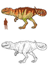 Carnivorous dinosaur - giganotosaurus. Comparison between dinosaur and human. Dino coloring page.