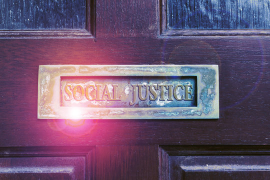 Handwriting text writing Social Justice. Conceptual photo Equal access to wealth and privileges within a society Old retro mailbox on the wooden doors. Hole on the wooden doors for mail - Powered by Adobe