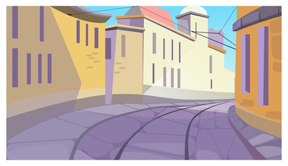 Calm town street between buildings illustration. Stoned road with old houses in sunlight. Town life concept