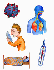 Coronavirus related images- virus model, pictures about health. Watercolor illustration , isolated elements on white