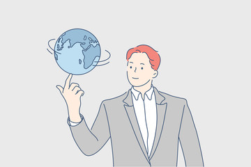 Global business, network, world communication concept. Young businessman boy manager cartoon character leader boss spinning planet earth on fingertip. Worldwide network, smart modern doing business