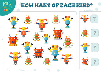 How many of each kind cartoon robot kids counting game vector illustration