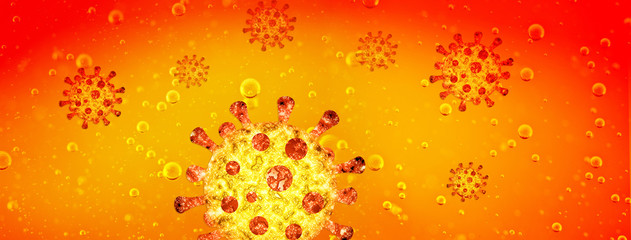 Virus  Molecules. Coronavirus. The movement in the red fluid. Blood is infected. Health concept and of treatment, prevention of viral diseases. 3d illustration