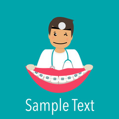 Dentist holds teeth with braces. Dental concept. Dentist background. Vector illustration.