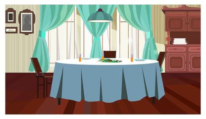 Cozy dining room with table illustration. Served table with blue cloth and hanging lamp above it. Home concept