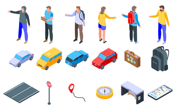 Hitchhiking icons set. Isometric set of hitchhiking vector icons for web design isolated on white background