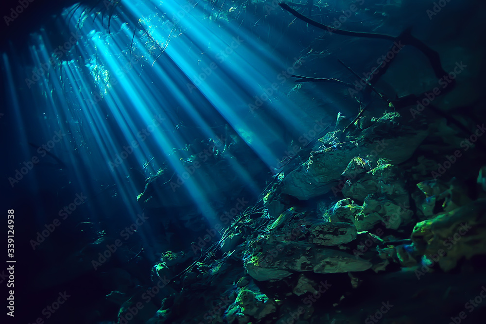 Wall mural underwater landscape mexico, cenotes diving rays of light under water, cave diving background