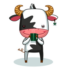 cute bull with a mug of tea in his hands