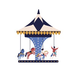 Happy cartoon children ride on carousel horse isolated on white background © Good Studio