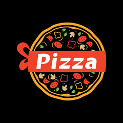 Pizzeria Vector Emblem on blackboard. Pizza logo template. Vector emblem for cafe, restaurant or food delivery service.