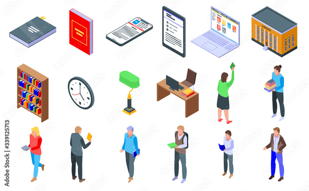 Poster library icons set. isometric set of library vector icons for web design isolated on white background