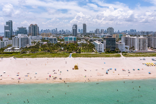 Aerial view of South beach and Miami downtown skyline