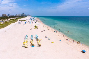 Aerial view of South beach in summer with tourists, Miami