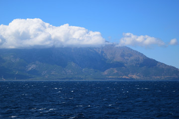 Samothraki island view from ferry - seascape with Saos mountain and coastline