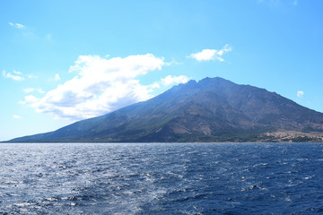Samothraki island view from ferry - seascape with Saos mountain and coastline