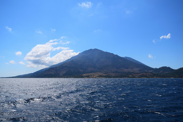 Samothraki island view from ferry - seascape with Saos mountain and coastline