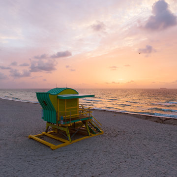 Drone view of lifeguard cabin at sunrise, South beach, Miami