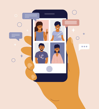Group of people chatting online. Mobile app messenger. Cellphone screen  with friends talking by internet. Using smartphone for virtual meeting with  boy, girl, colleague, relatives. Vector illustration Stock Vector