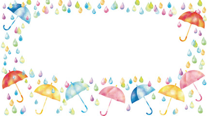 水彩風　カラフルな傘と雨のフレーム