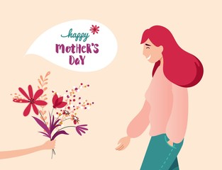 Vector Illustration Of Happy Mother  Receiving Flowers from Her Child.  Happy Mother`s Day Greeting Card.