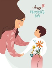 Vector Illustration Of Happy Mother Receiving Flowers from Her Son. Happy Mother`s Day Greeting Card.