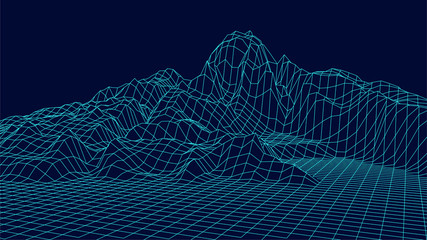 Wireframe landscape design on blue background. Technology vector grid.