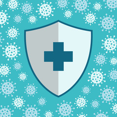 hygienic shield protecting from Coronavirus Bacteria Cell Icon. Flat style vector illustration. blue and white.