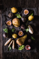 Juicy organic fruits with morning sunlight, top view