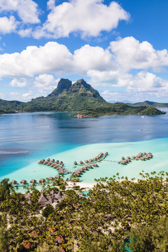 Aerial view of Bora Bora island with luxury resort, French Polynesia