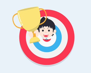 SD Business Man Standing on the target and raising the winner trophy