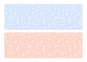 Set of Baby Related Seamless Patterns In Pink and Blue Colors. Vector Cartoon Illustration