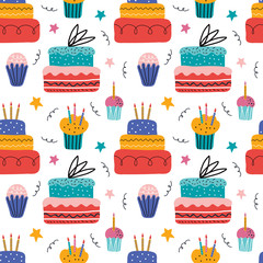Happy holiday cream cake with candles flat vector seamless pattern. Sweet holiday pastries, muffin, cupcake with confetti. Hand drawn festive background in Scandinavian style. Anniversary desserts.