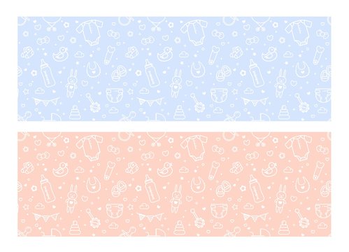 Set of Baby Related Seamless Patterns In Pink and Blue Colors. Vector Cartoon Illustration