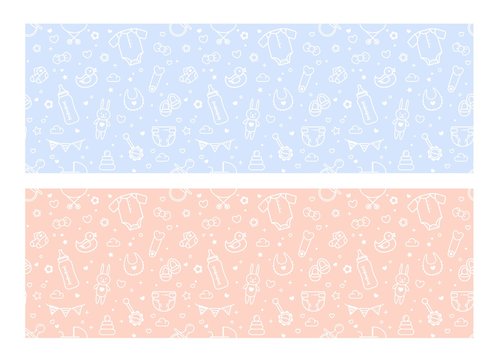 Fototapeta Set of Baby Related Seamless Patterns In Pink and Blue Colors. Vector Cartoon Illustration