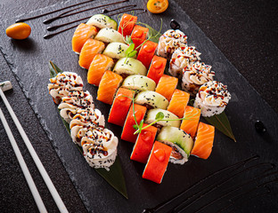 sushi set on the black background