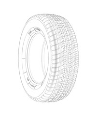 Wheel linear vector car tyre. Vector thin line illustration of wheel. Realistic Rendered tire. Wire-frame style. The layers of visible and invisible lines are separated. Tyre lineart outline blueprint