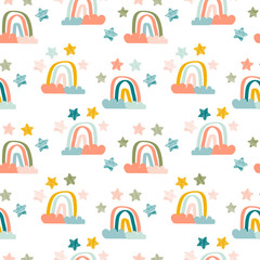 Cute childish seamless pattern with rainbows, clouds and stars in pastel colors, vector