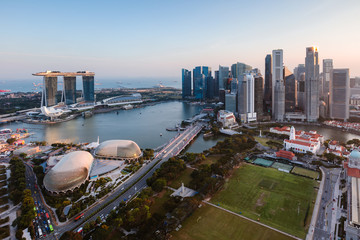 Elevated view of Marina bay skyline at sunset, Singapore